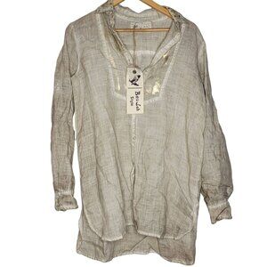 Beulah Style NEW Medium Beige‎ Button Down Roll Tab Sleeve Women's Top